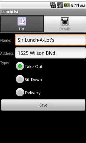 Figure 13. The first tab of the two-tab LunchList