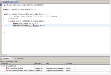 Figure 2.3 The Problems view shows any errors in your source code.