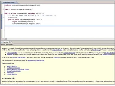 Figure 2.4 The Javadoc view provides context-sensitive documentation, in this case for the 