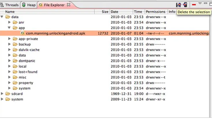 Figure 2.6 Delete applications from the emulator by highlighting the application file and clicking the Delete button.