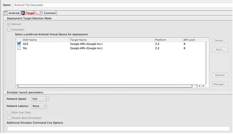 Figure 2.20 Selecting the AVD to host the application and specify launch parameters.