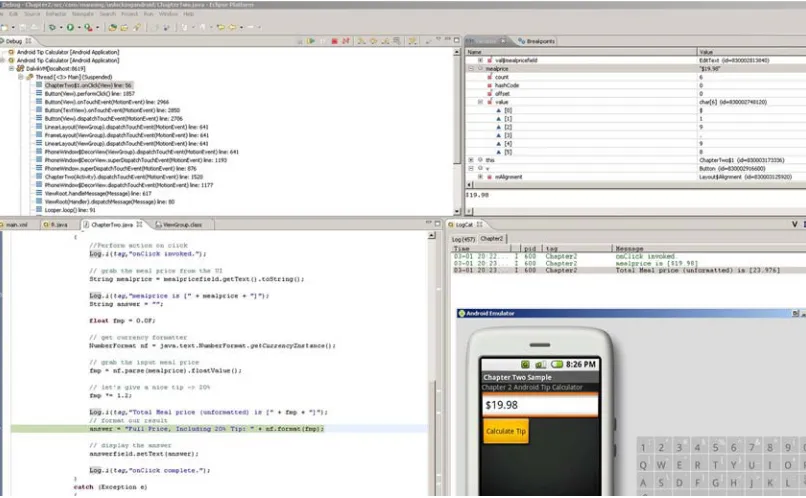 Figure 2.23 The Debug perspective permits you to step line-by-line through an Android application.