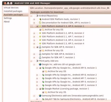 Figure 1–1. The Android SDK and AVD Manager during initial SDK setup on Linux 