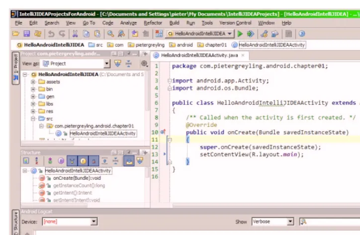 Figure 1–40. Creating a new IntelliJ IDEA Android application and IDE code editor 