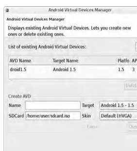 Figure 2-2. Android Virtual Device Manager dialog box settings for SDK 1.5 