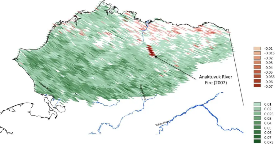 Figure 4. Frequency distribution (on a logarithmic scale) of MODIS EVI slope results from 2000 to 2010 growing seasons for 8 × 8 km areas over the arctic Alaska region