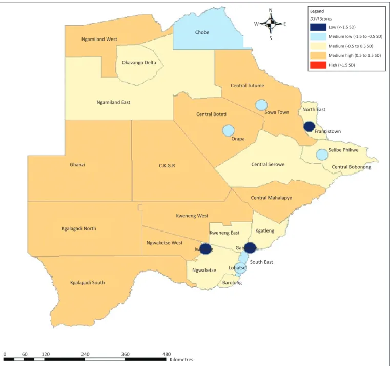 FIGURE 2: Spatial distribution of District Social Vulnerability Index scores by district in Botswana.