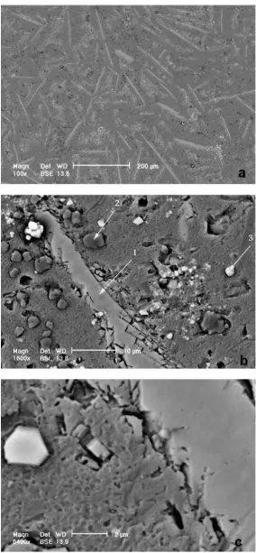 Figure 4. Microstructure of master alloy with different magnification: (a) 100×; (b) 800×; (c) 6400×