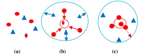 Figure 2. (a) Red dots are positive samples; blue dots are negative samples (b) BMM method (c) Positive & negative 
