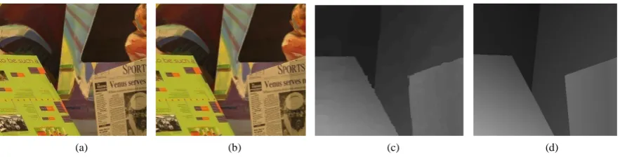 Figure 4.3. Results for Teddy image sequence (a) left input image (b) right input image (c) result of our proposed algorithm (d) ground truth