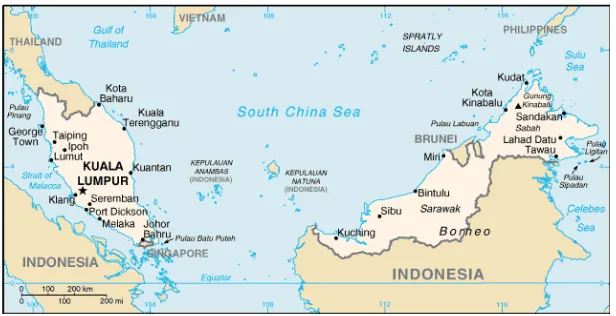 Figure 1: Map of Malaysia (Peninsular Malaysia and East Malaysia). Source:  Nations online, 2004 