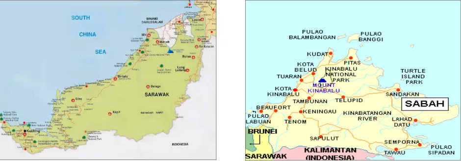 Figure 3a and 3b:  Map of Sarawak and Sabah, respectively Source: Nations online, 2004 