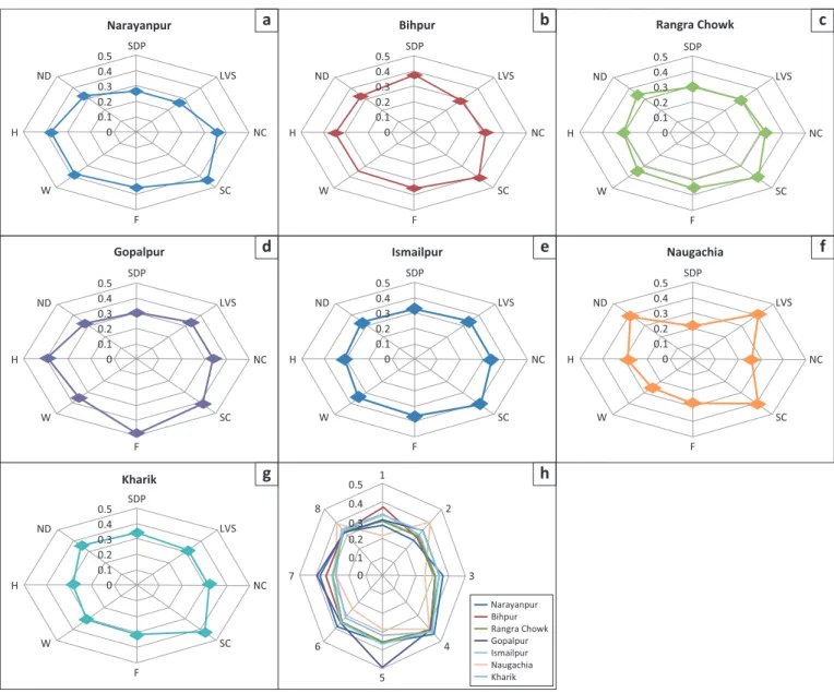 FIGURE 5: Vulnerability spider diagram of the major components of the livelihood vulnerability index for district blocks