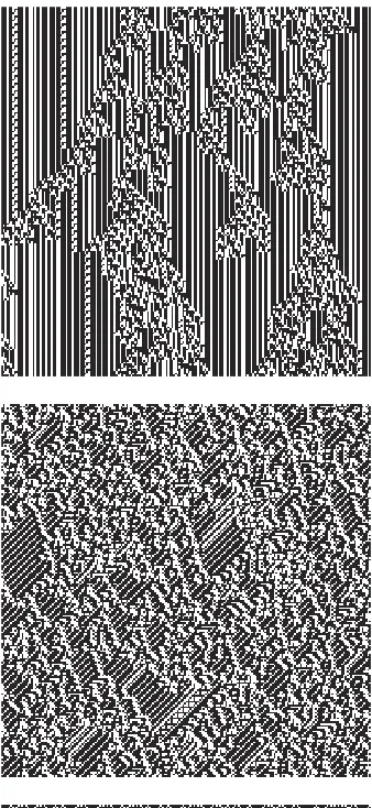 Figure 1.2 Some examples of one-dimensional binary cellular automata. Each row of pixelsis determined by the states of the pixels in the row above it, as operated on bythe particular set of rules.