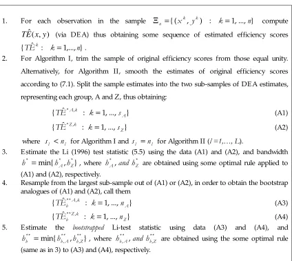 Table 1. Algorithms of the Bootstrap for Li-test for the Context of Comparing  Distributions of Efficiency Scores Estimated via DEA.