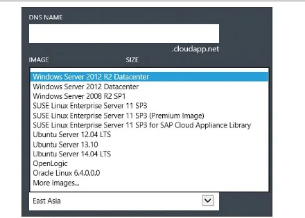 FIGURE 2.10 Creating a virtual machine on Azure with available VM images.