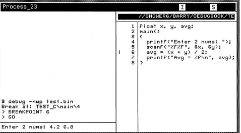 Figure 2-5. -NWP Combines the DEBUG Commands Window Pane and the Target Program I/O Win-dow Pane