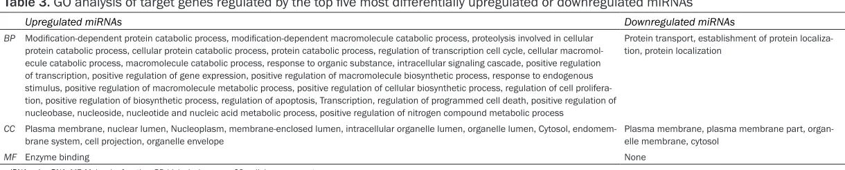 Table 3. GO analysis of target genes regulated by the top five most differentially upregulated or downregulated miRNAs 