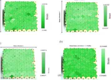 Fig. 10: Compression strains measured from the quadruplets in Fig. 9(a) for two deformation levels in the compression direction: (a) at 0.4MPa (compression strain); and at the maximum stress (peak = 1.18MPa) (b) compression strain, (c) transverse strain, and (d) shear strain 