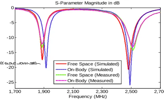 Figure 3. Human phantom used for simulation showing antenna location and orientation on the body