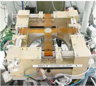 Fig. 1. The biaxial tensile machine with a gripped cruciform specimen. The W/Cu thin film can be seen at the centre of the sofimide substrate