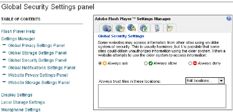Figure 2.4.: Screenshot of the Adobe Security Settings panel
