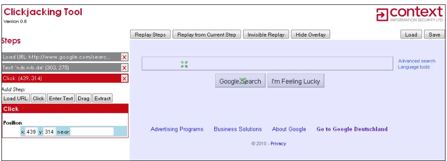 Figure 2.7.: Truncated screenshot of the “Clickjacking Tool” displayed with the web browser MozillaFirefox 3.6.3
