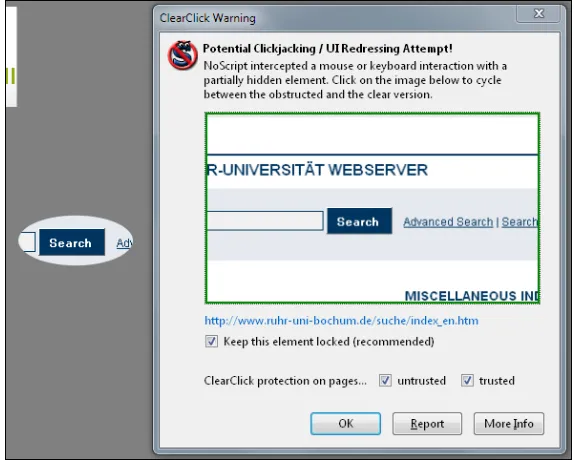 Figure 3.2.: Clickjacking SVG example of section 2.2.7 with a “ClearClick Warning” window displayedin Mozilla Firefox 3.6.12