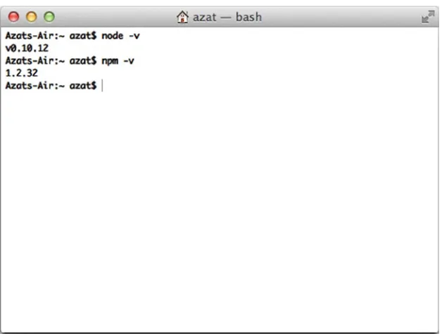 Figure You should see the latest versions of Node.js and NPM that you just downloaded and installed, as shown in 1-3.