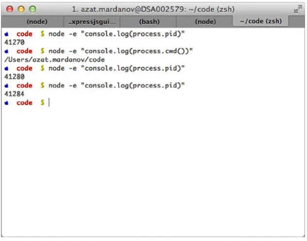 Figure 1-5. Node.js process examples using pid (process ID) and cwd (current working directory)