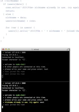 Figure 6-11: You can see the messages being broadcasted as other clients join the  chat server.
