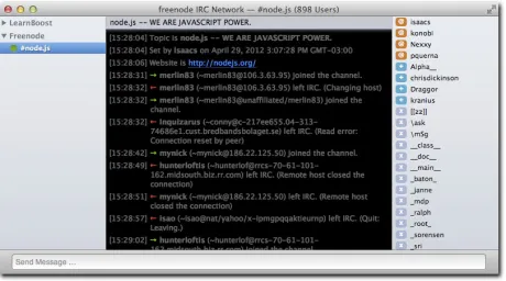 Figure 6-14: An IRC client (Linkinus) in action on the Mac. Linkinus implements the  IRC protocol over TCP sockets.