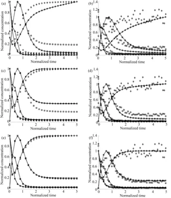 Figure 3. Estimation curves for the Branched Pathway Model. Continuous lines represent the results of adjustment while dotted ones represent the numerical integration of the original model