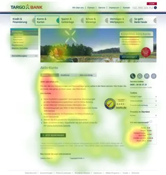 Figure 7. Head-map of the Targo-Bank landing page. Highest fixation is documented as red spot