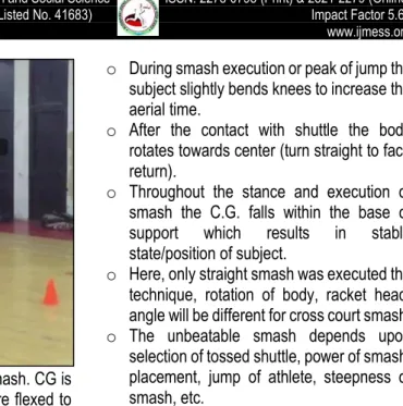Fig. No. 6: Shows good jump for smash. CG is  elevated to maximum and knees are flexed to  give more air time