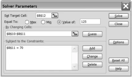 Figure 4-17. The completed Solver Parameters dialog box for the second math problem