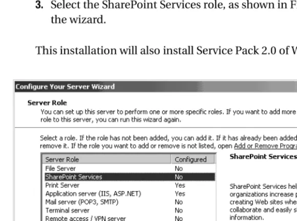 Figure 1-2. Choose SharePoint Services in the Configure Your Server Wizard.