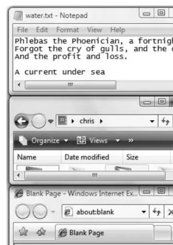 Figure 1.34 You can tell which window is active bylooking for the darker color of the title bar andborders—the center one, in this case.
