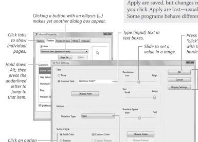 Figure 1.43 Dialog boxes let you change settings by using buttons, check boxes, text boxes, lists, and other controls.