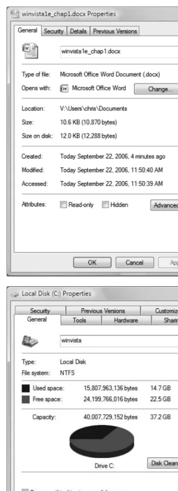 Figure 1.47 shows Properties dialog boxesfor a Word file and a hard disk. Windowslets you change some properties; you canrename the file or compress the hard disk,for example