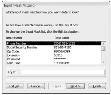 Figure 3.4Use the Input MaskWizard to choose a pre-defined input mask ortocreate your owninputmask.