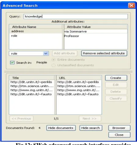 Fig 12: SWeb advanced search interface provides filtering options by document attributes