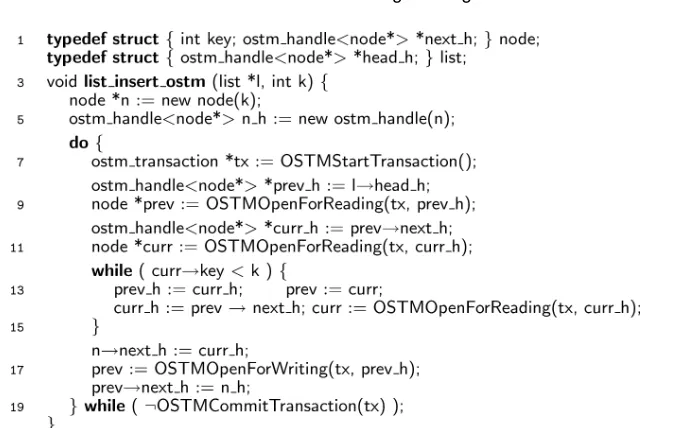 Fig. 4.Insertion into a sorted list managed using OSTM. The code is more verbose than Figure 3because data is accessed by indirection through OSTM handles which must be opened before use.