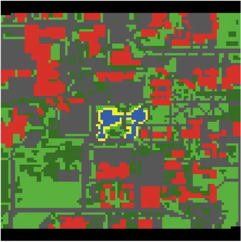 Figure 3. View of the study area environment imported into NetLogo   7.  Populate each patch with a “Flag Agent,” a single turtle agent located at  the exact center of the patch