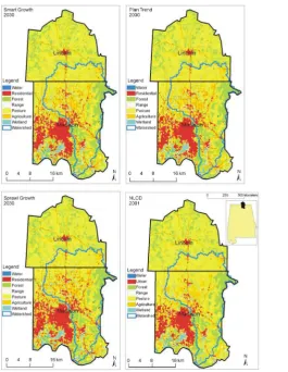 Table 1. Percent of total area and percent relative change of land cover for the dominate land uses in the River watershed (+values indicate an increment from baselione conditions)