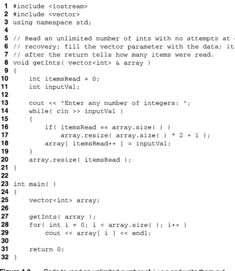 Figure  1.3  Code to read an unlimited number of  ints  and write them out,  using array-doubling