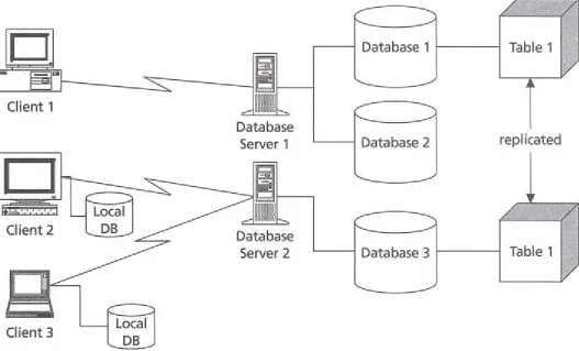 Figure 2.5: A distributed Database Architecture  Note   Database fragmentation is unrelated to file fragmentation, the condition that occurs in file systems such as DOS or NTFS when the segments that comprise files become randomly distributed around the di