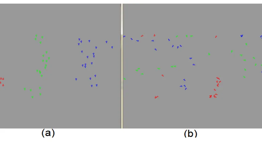 Fig.3. (a) stable boid flocks where each boid agent of the 3 present flocks is moving in the same direction and with similar velocity as other boids of the same flock while keeping around its the flock center