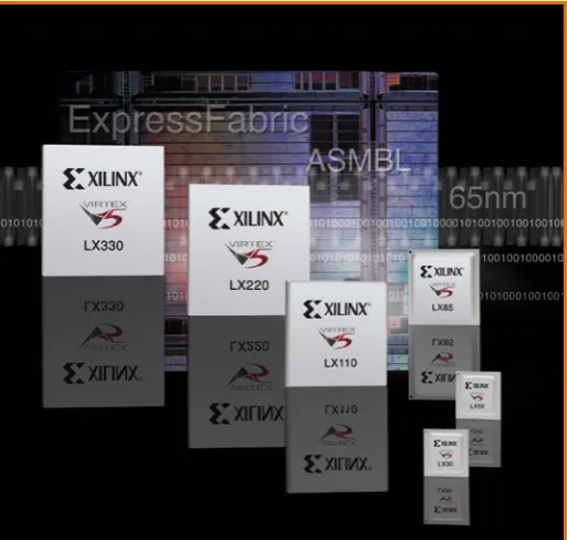 Fig. 7 - Xilinx VIrtex-5: le prime FPGA in tecnologia triplo-ossido a 65 nm con processore PowerPC440, end-point PCIe ed Ethernet MAC embedded.