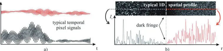 Fig. 3. Typical appearance of SI signals; a) temporal pixel signal in the spatially resolved (black) and unresolved (red) cases; b) 1D spatial cut in the plane of the correlation fringes in the same cases